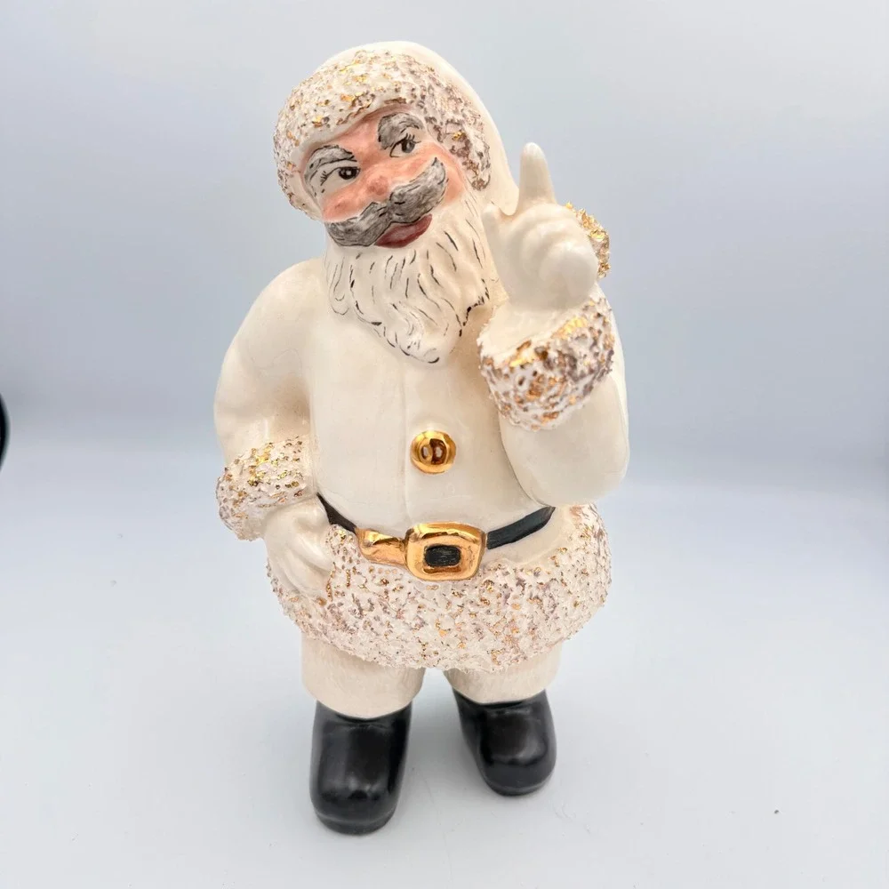 Vintage 1950's Ceramic Santa with Spaghetti Trim White And Gold 10